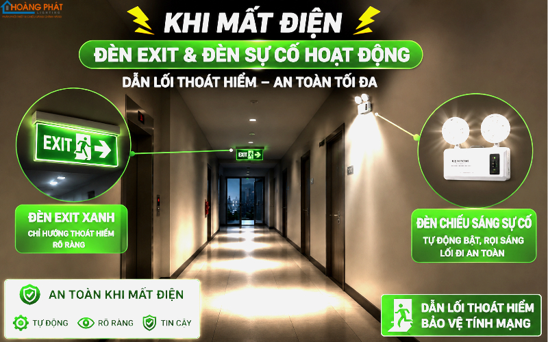 Hệ thống chiếu sáng khẩn cấp và đèn exit trong hành lang thoát hiểm
