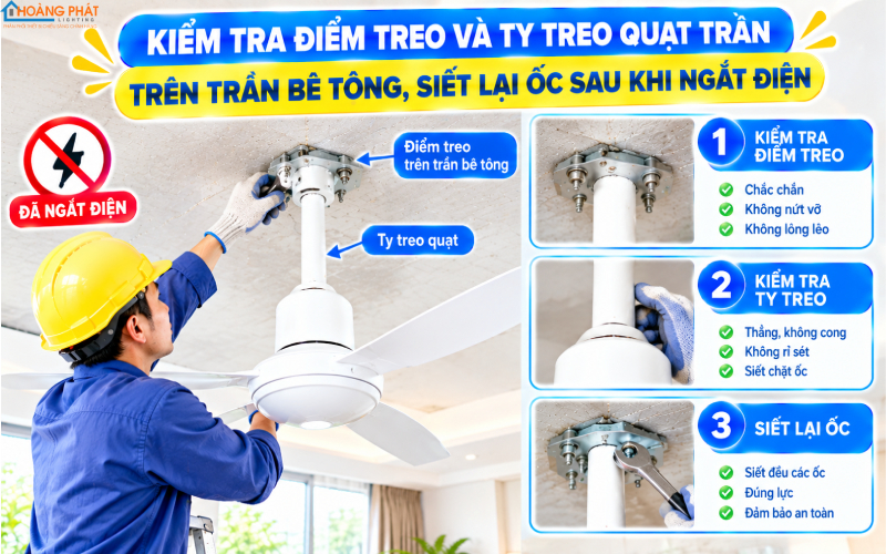 Kiểm tra điểm treo và ty treo quạt trần an toàn
