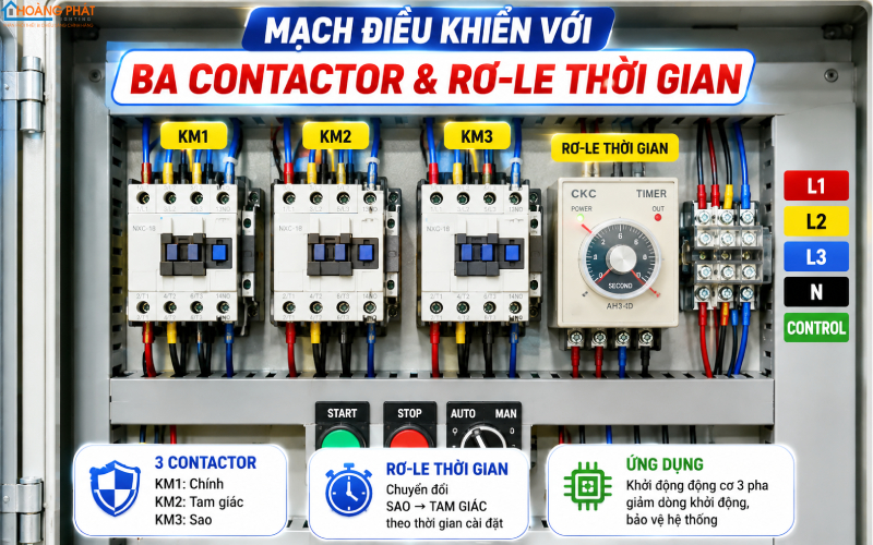 Mạch đấu sao tam giác contactor rơ-le thời gian