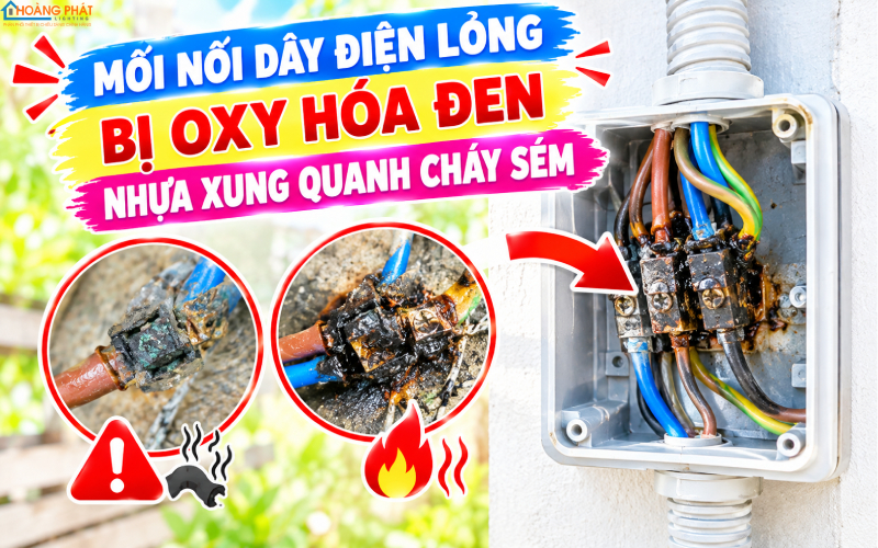 Mối nối dây điện lỏng bị oxy hóa đen, nhựa xung quanh cháy sém trong hộp nối