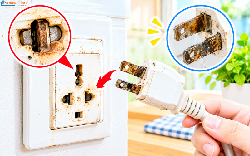 Ổ cắm và chân phích cắm bị rỉ sét, oxy hóa đen sạm, tiếp điểm xuống cấp