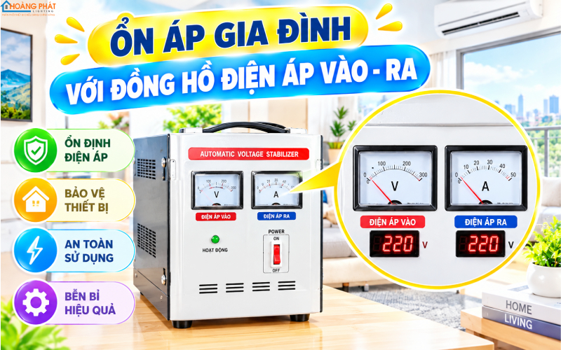 Ổn áp gia đình với đồng hồ điện áp vào ra
