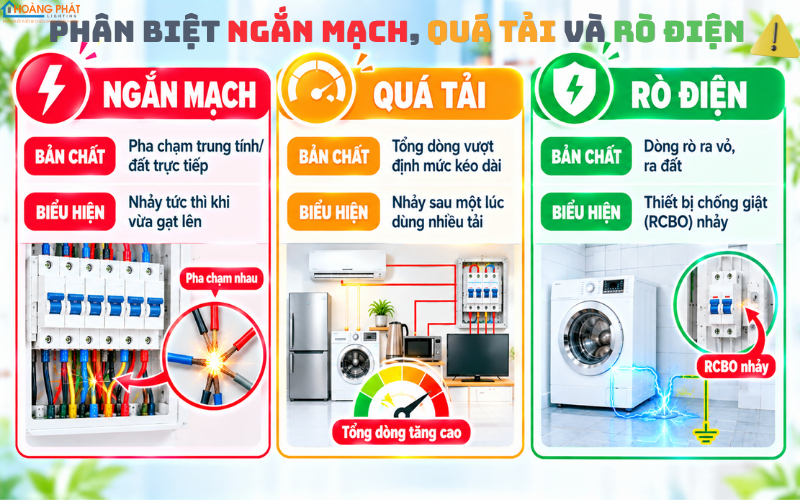 Phân biệt ngắn mạch, quá tải và rò điện