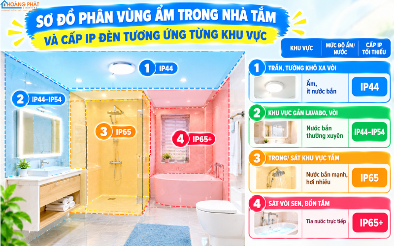 Phân vùng ẩm nhà tắm, cấp IP đèn LED tương ứng
