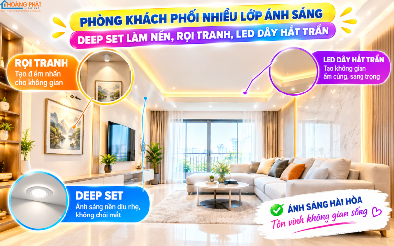 Phòng khách phối nhiều lớp ánh sáng