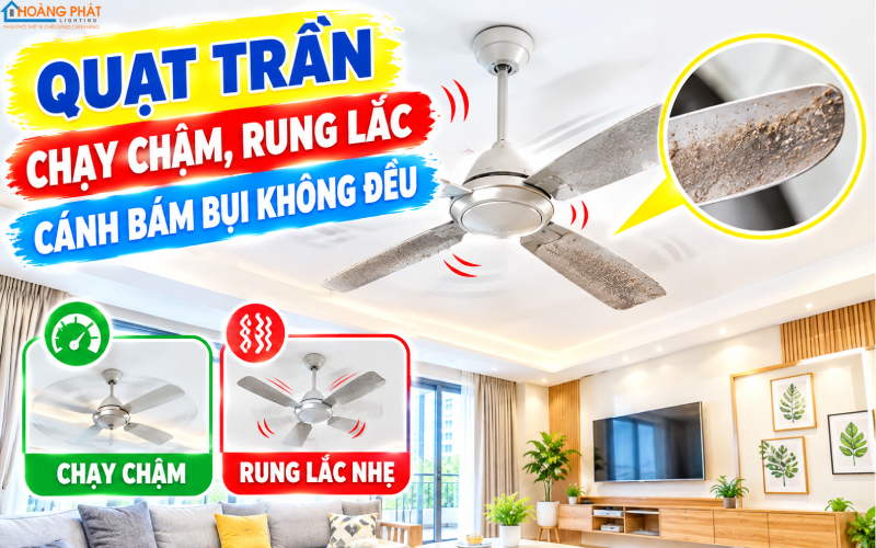 Quạt trần đang chạy chậm và rung lắc nhẹ trên trần phòng khách