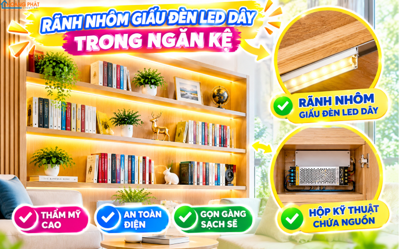 Rãnh nhôm giấu đèn LED dây trong kệ sách và hộp nguồn