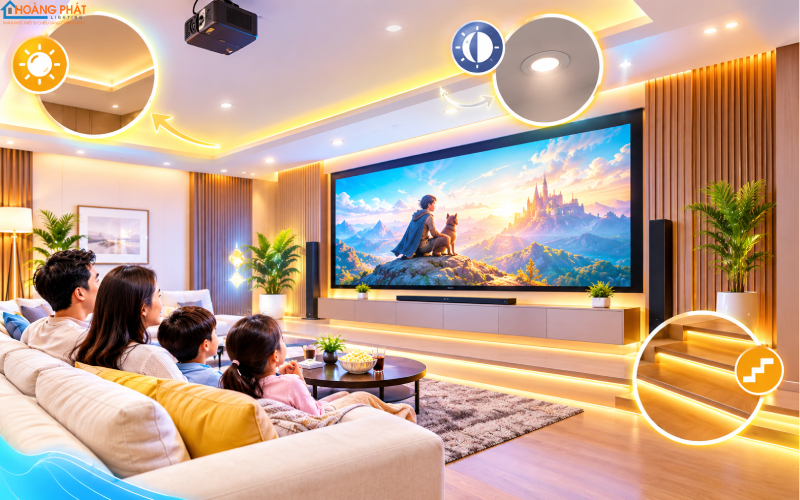 Rạp phim tại gia với đèn LED dây hắt trần và đèn âm bậc lối đi ở kịch bản bắt đầu phim