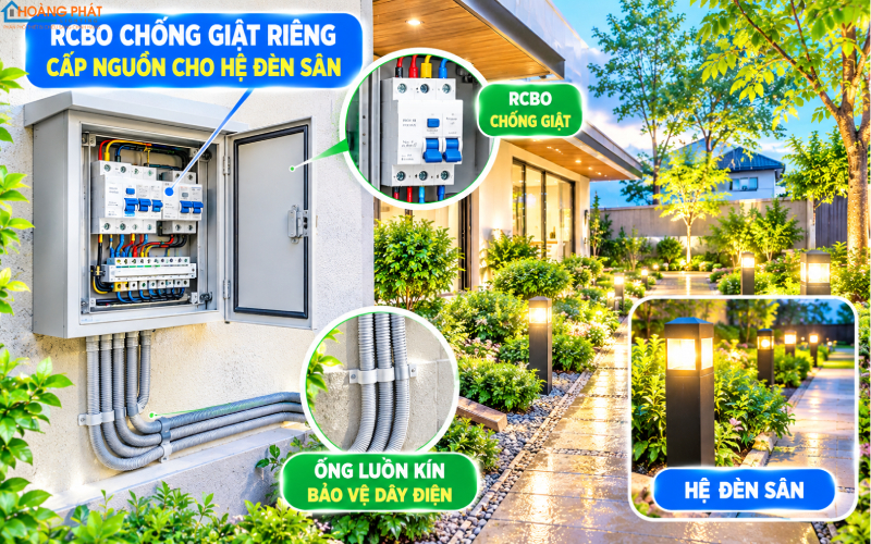 RCBO chống giật cấp nguồn cho hệ đèn ngoài trời mùa mưa
