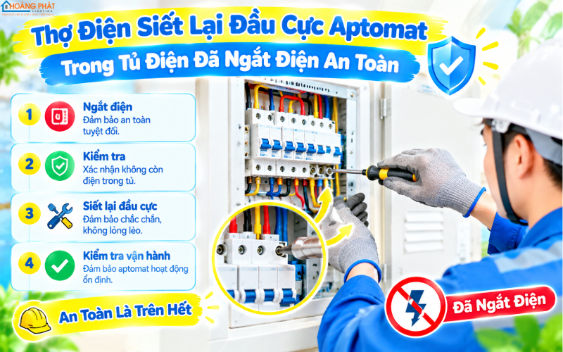Siết lại đầu cực aptomat tủ điện an toàn