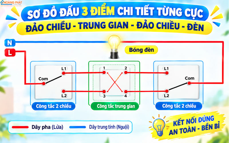 Sơ đồ đấu 3 điểm từng cực: đảo chiều - trung gian - đảo chiều - đèn