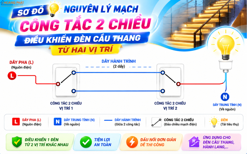 Sơ đồ đấu nối công tắc 2 chiều điều khiển đèn từ hai vị trí