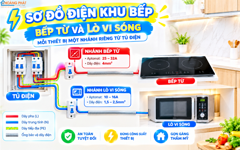 Sơ đồ đi điện khu bếp: bếp từ và lò vi sóng mỗi thiết bị một nhánh riêng