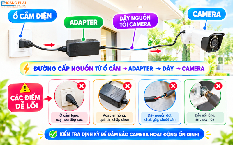 Sơ đồ đường cấp nguồn từ ổ cắm qua adapter, dây tới camera với các điểm dễ lỗi