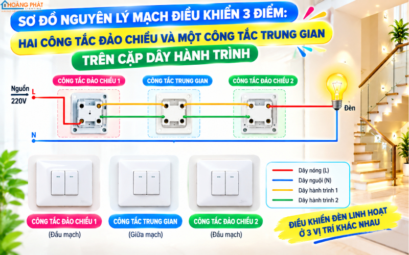 Sơ đồ mạch điều khiển 3 điểm: hai công tắc đảo chiều và một công tắc trung gian