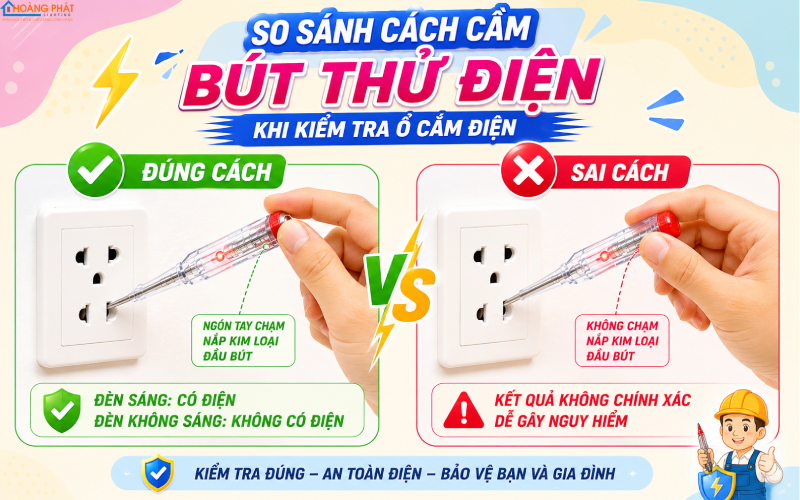 So sánh cách cầm bút thử tiếp xúc đúng và sai khi kiểm tra ổ cắm điện