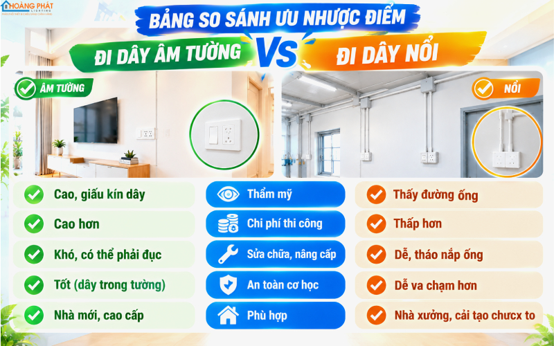 So sánh đi dây âm tường và đi nổi