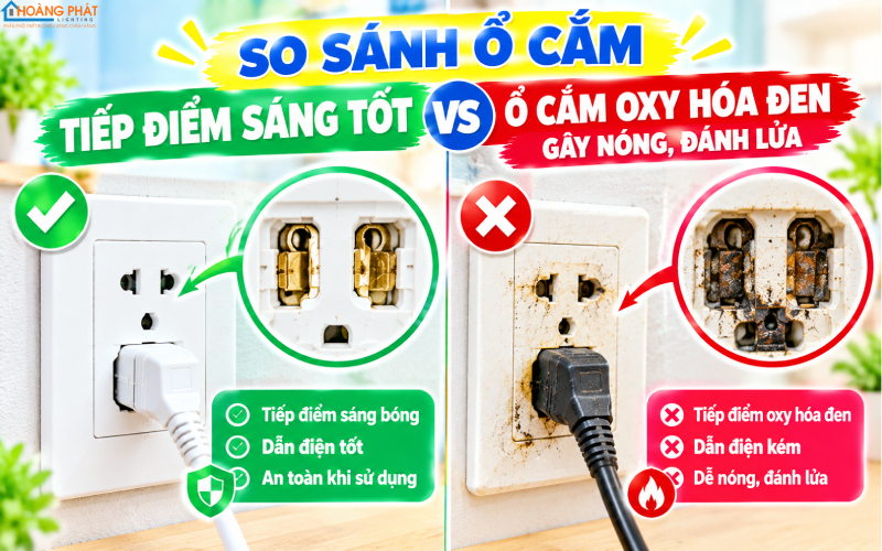 So sánh ổ cắm tiếp điểm sáng tốt và ổ cắm oxy hóa đen gây nóng, đánh lửa