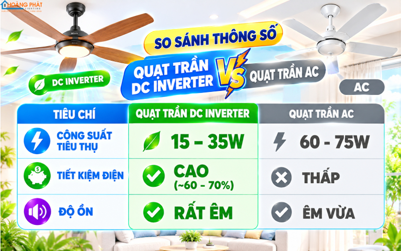 So sánh quạt trần DC inverter và quạt AC về công suất, độ ồn