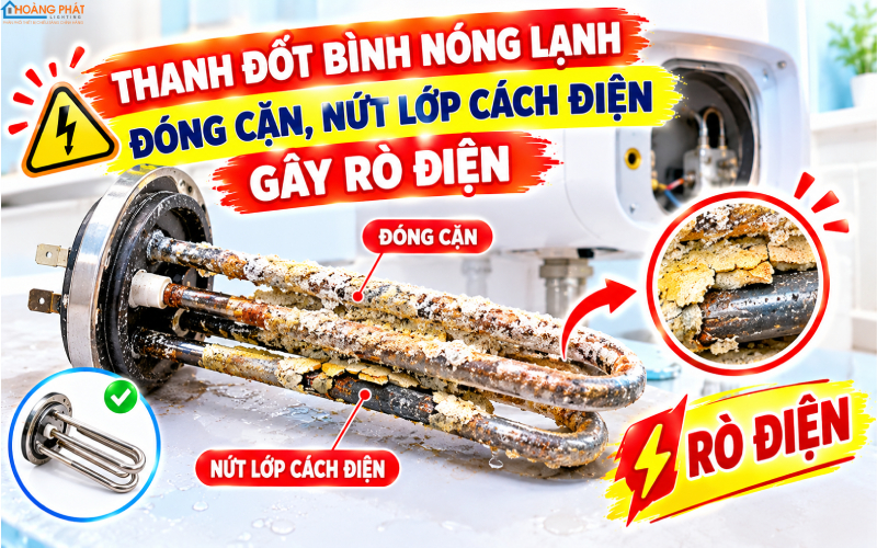 Thanh đốt bình nóng lạnh đóng cặn, rò điện