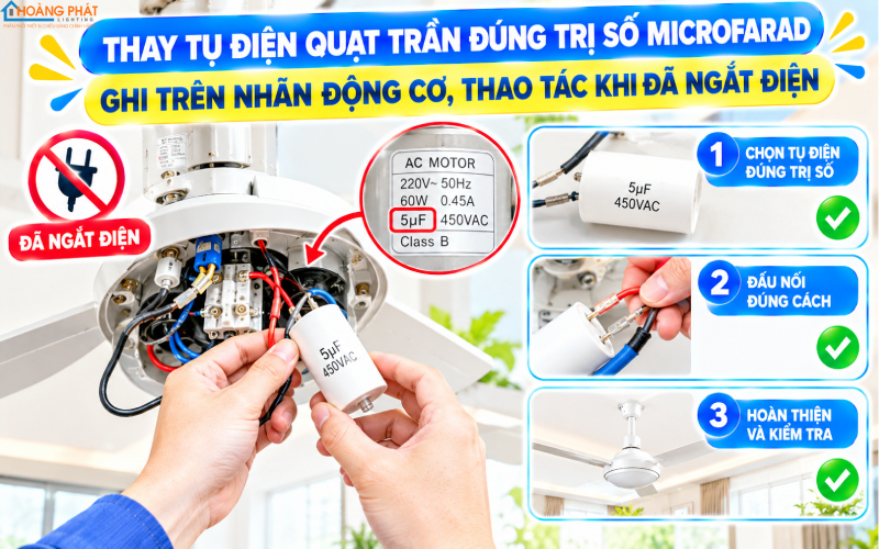 Thay tụ điện quạt trần đúng trị số microfarad