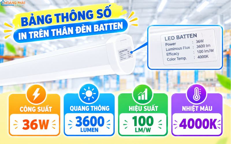 Thông số đèn batten: công suất, quang thông lumen, hiệu suất lm trên W và nhiệt màu