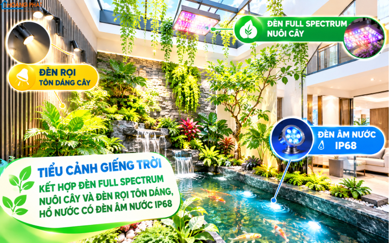 Tiểu cảnh giếng trời kết hợp đèn full spectrum âm nước