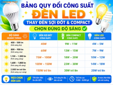 Bảng Quy Đổi Công Suất Đèn LED Thay Đèn Sợi Đốt & Compact: Chọn Đúng Độ Sáng
